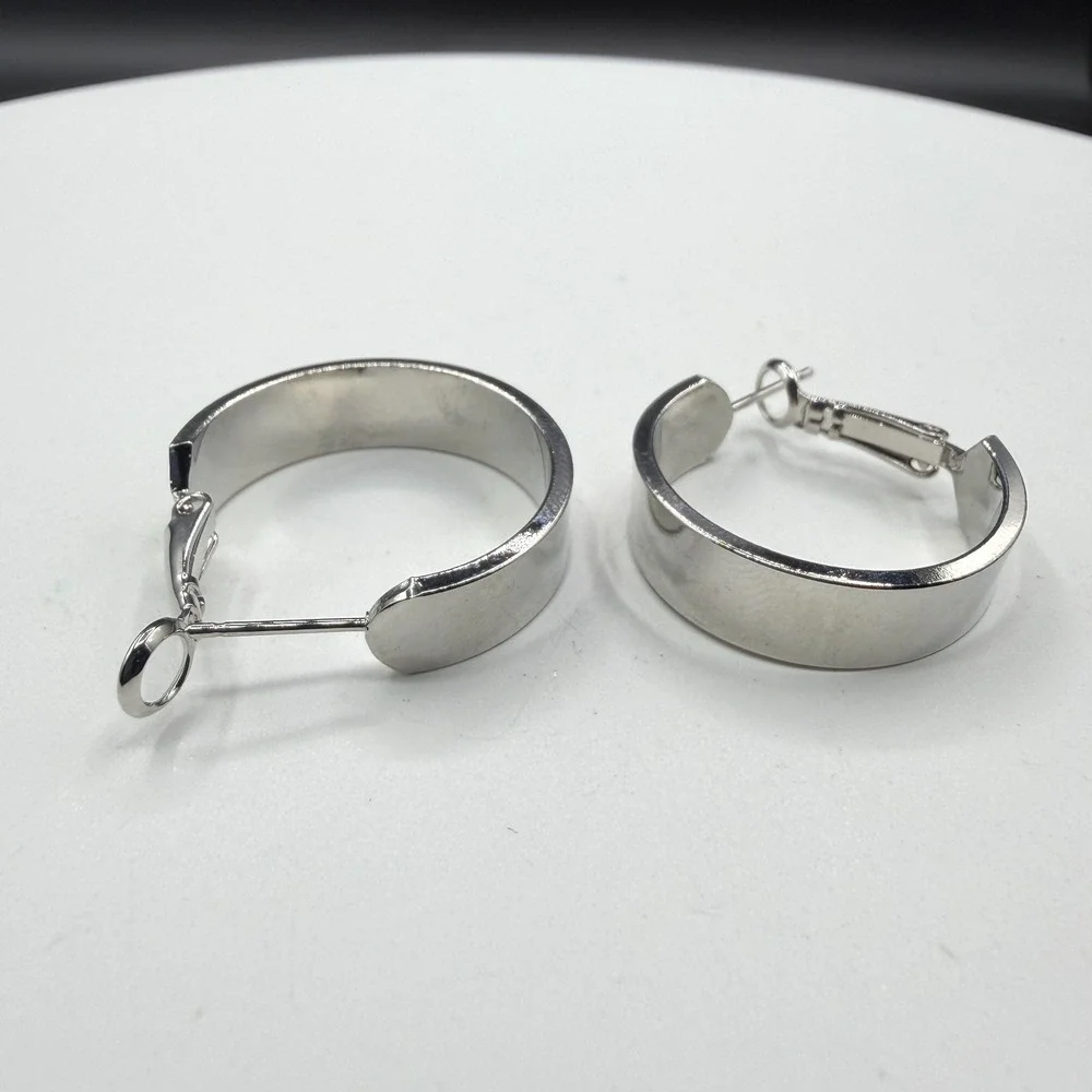Silver Tone Wide Hoop Earrings Chunky Flat Band Hinged Closure Statement Pierced